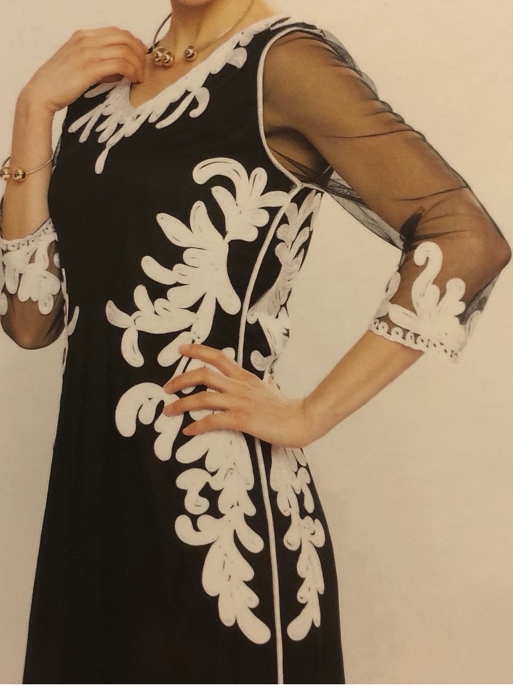 Stunning Joseph Ribkoff Black Dress with White Appliqué - Elegant Sheer Sleeve